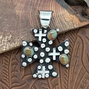 1990s CHIMNEY BUTTE Navajo Sterling Silver Royston Turquoise 4-Way Cross Pendant